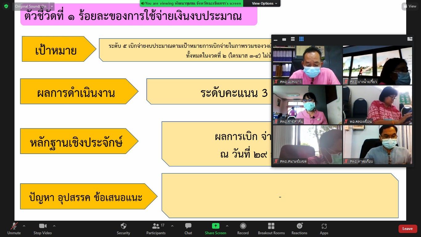 สำนักงานพัฒนาชุมชนจังหวัดฉะเชิงเทรา ประชุมผู้บริหาร นักวิชาการพัฒนาชุมชน และเจ้าหน้าที่พัฒนาชุมชนจังหวัดฉะเชิงเทราประจำเดือน กรกฎาคม 2564 ครั้งที่ 7/2564 ผ่านระบบ Zoom Cloud Meetings